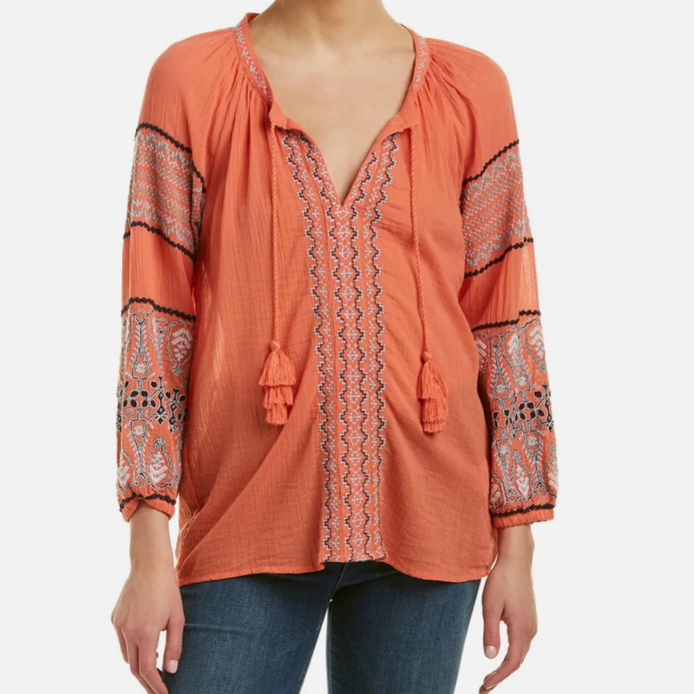Joie Womens Blouse Boho Nelida Orange Bell Sleeve Cotton Tassle Size Small $238